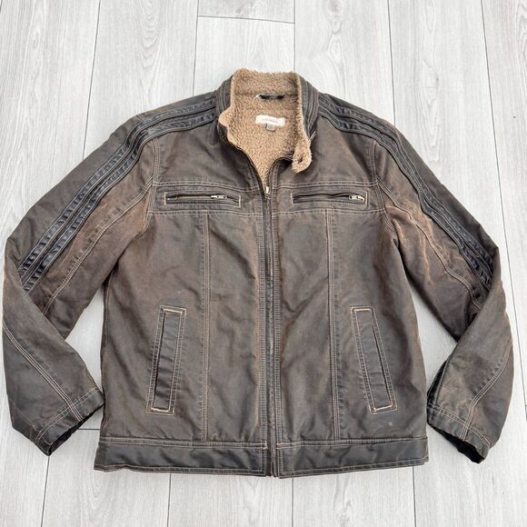 Sundance Men's Bomber Biker Jacket Brown Faux Fur Leather Trim Zip Front Size M - Picture 1 of 10